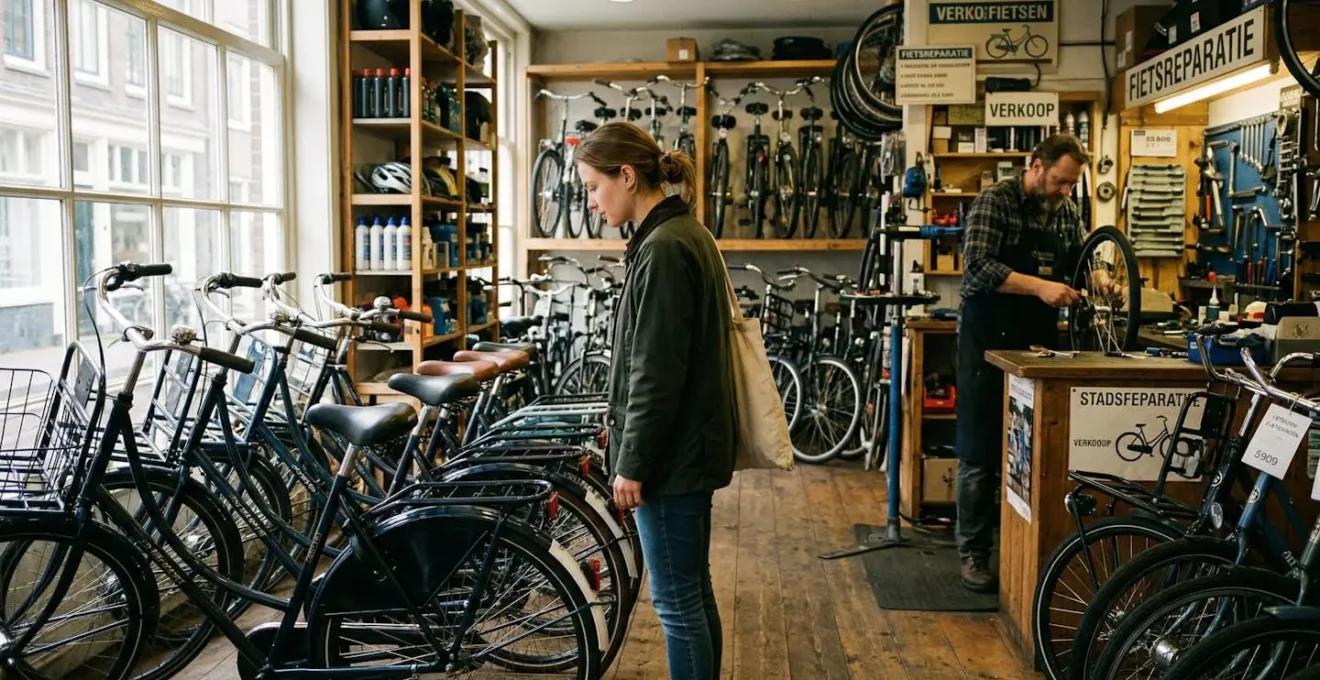 Intérieur d'une boutique vélo avec plusieurs vélos hollandais alignés, un client de profil regarde les modèles tandis qu'un vendeur se tient en arrière-plan