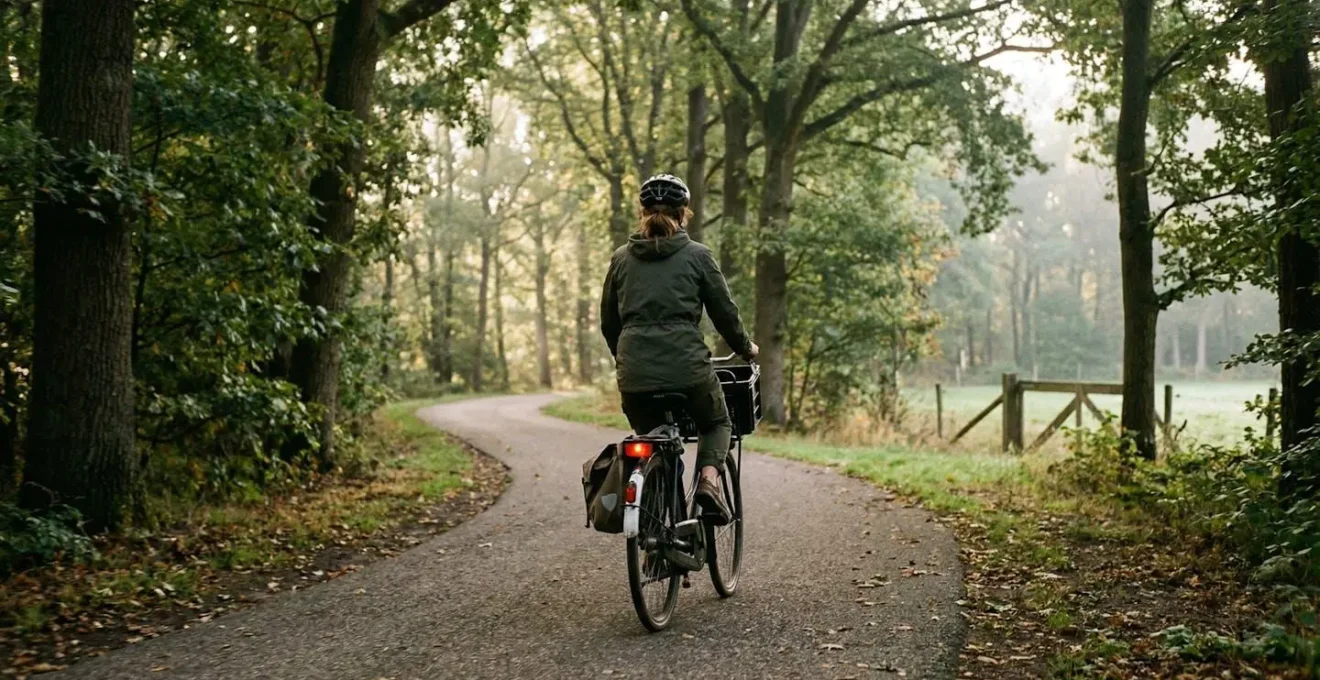 Un cycliste vu de dos pédale sur une piste cyclable bordée d'arbres au lever du soleil, guidon relevé caractéristique d'un vélo hollandais visible