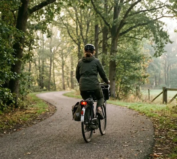 Un cycliste vu de dos pédale sur une piste cyclable bordée d'arbres au lever du soleil, guidon relevé caractéristique d'un vélo hollandais visible