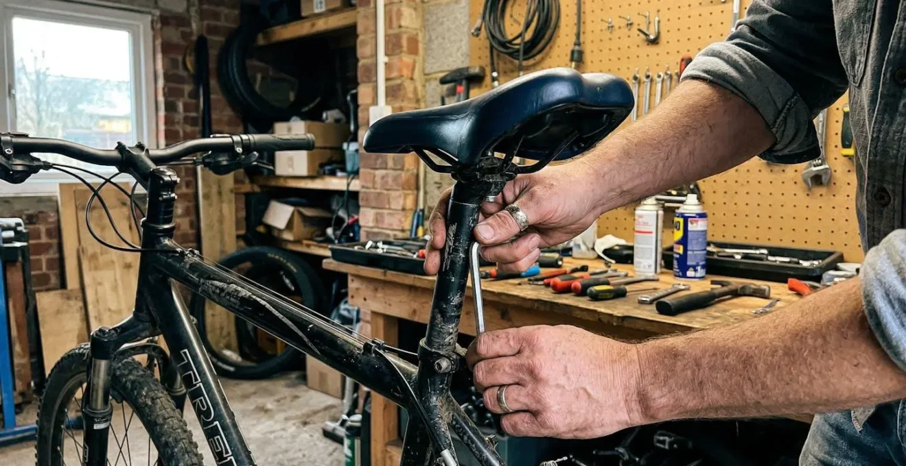 Gros plan sur des mains ajustant la hauteur de selle d'un vélo de ville dans un garage domestique légèrement encombré